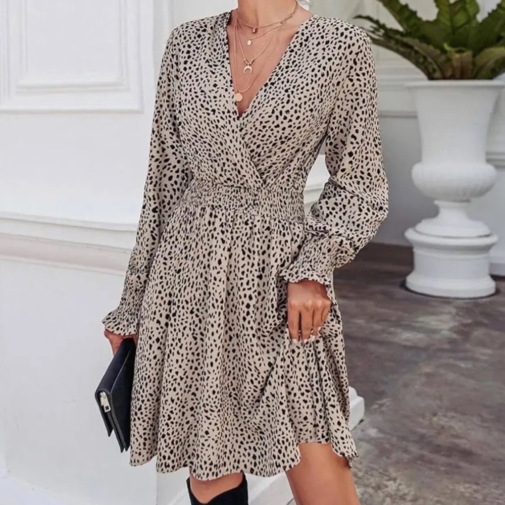 Long Sleeve V-Neck Shirred Waist Dress in Beige Animal Print